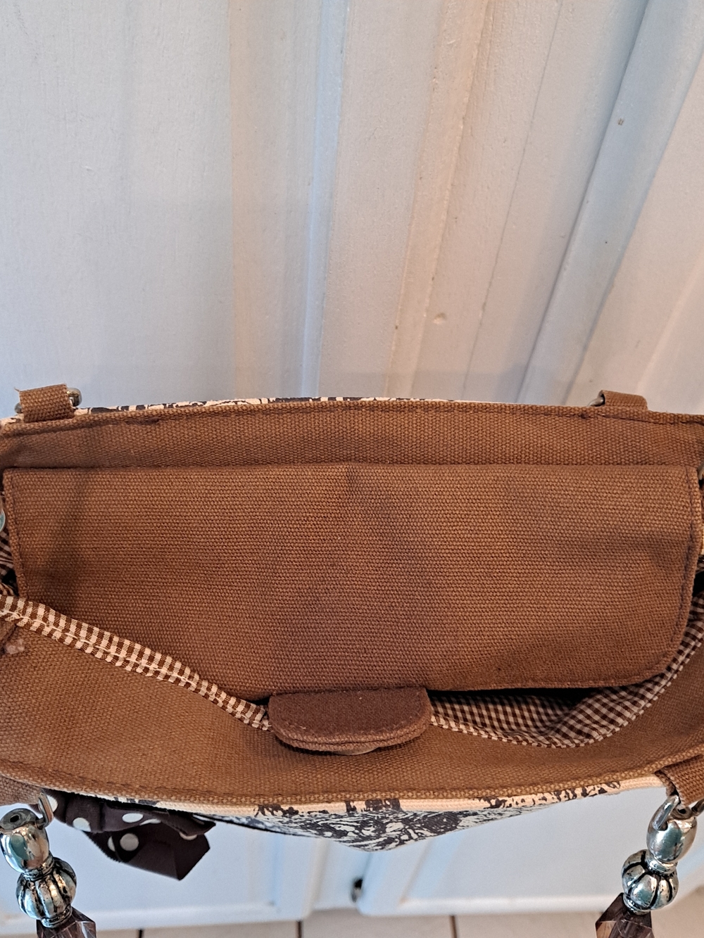 Vivary Vintage Cream Brown Toile De Jouy Tote Satchel Polka-Dot Bow Canvas Bag - Picture 10 of 14
